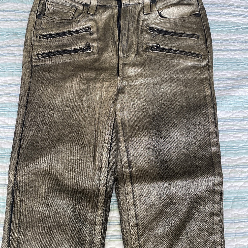 PAIGE Metallic Black and Gold skinny double zipper Jeans